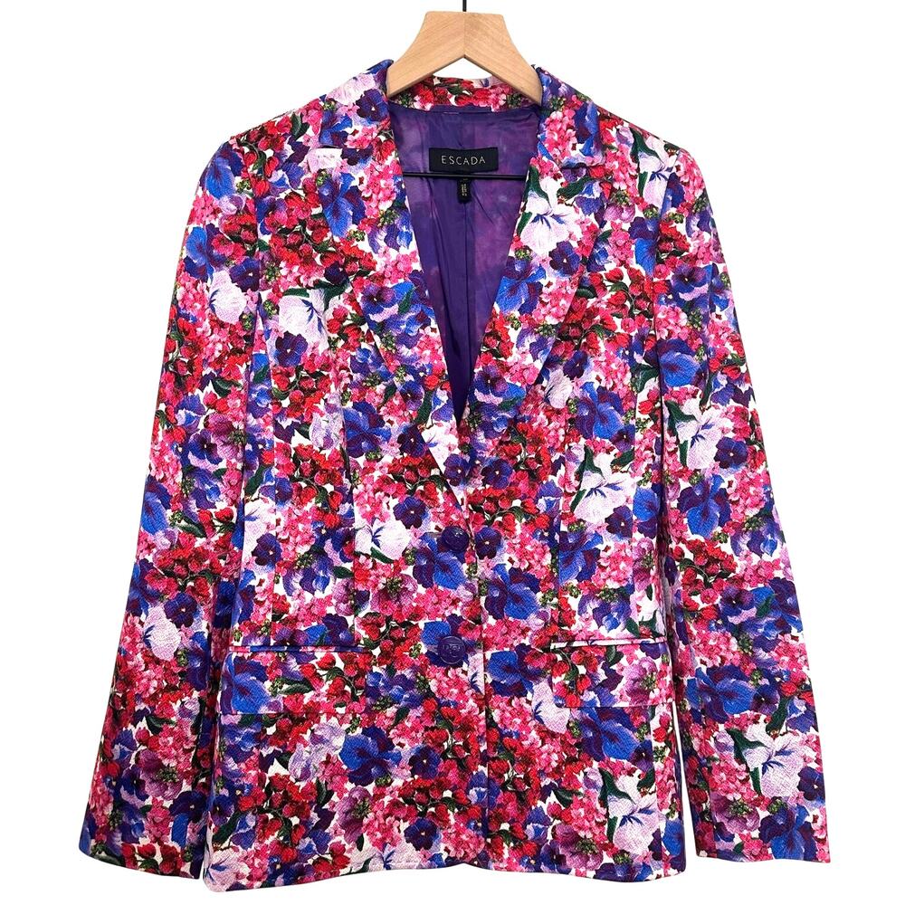 $498 ESCADA Floral Pink Blue Purple Blazer Designer Jacket – Size 40